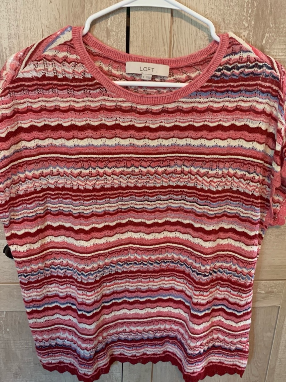LOFT Pink, Red & White Striped Short Sleeve Knit Top